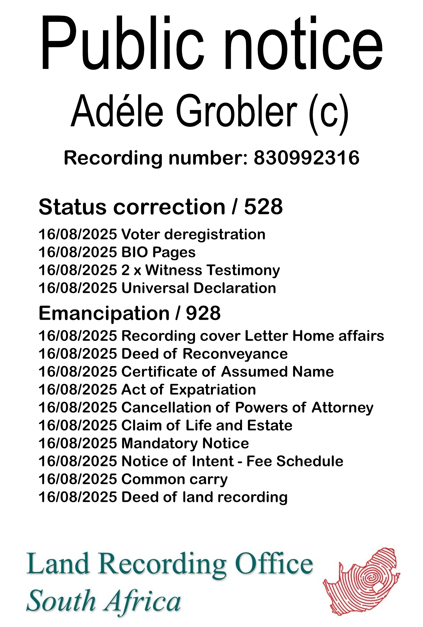 Public notice Adéle Grobler (c) Recording number 830992316